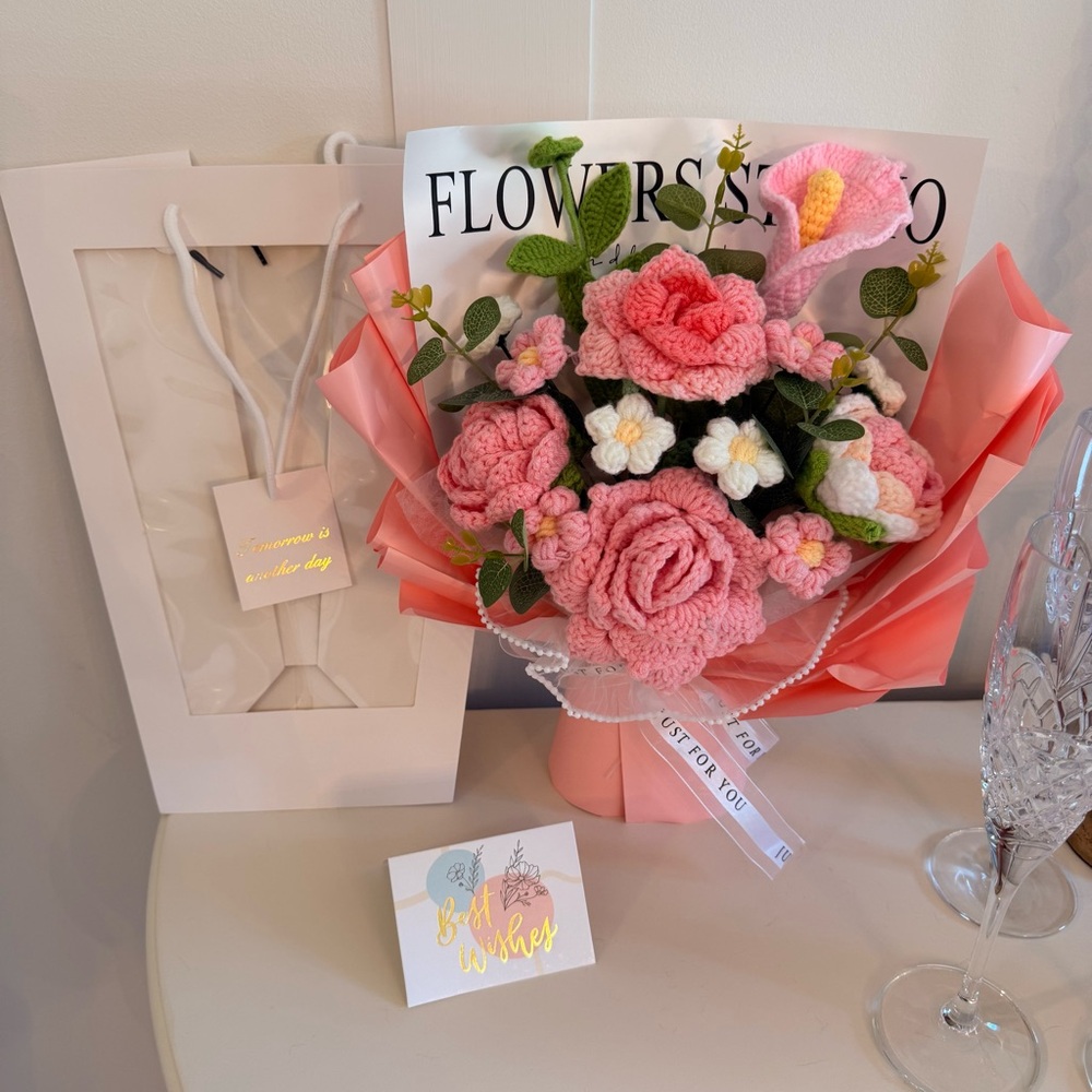 Handmade Pink Crochet Flower Bouquet Mother’s Day Gift w Card and Bag & Hangtag